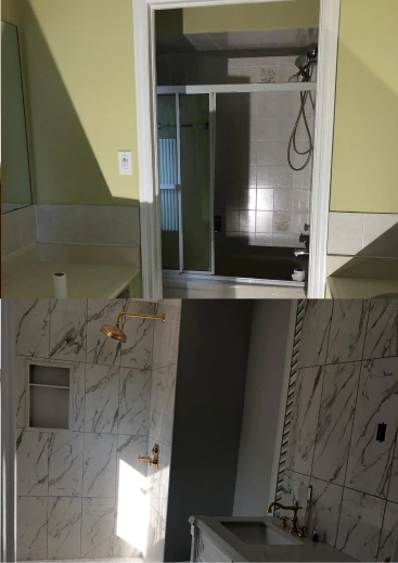 Before and after of a bathroom update in Ontario, featuring a custom-built tile shower niche and modern gold fixtures by We Do It For You.