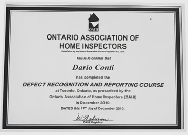 Dario Conti's certificate from the Ontario Association of Home Inspectors (OAHI) for the Defect Recognition and Reporting Course.