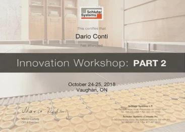 Dario Conti's certificate for completing the Schluter Systems Innovation Workshop: PART 2 (Oct 2018).