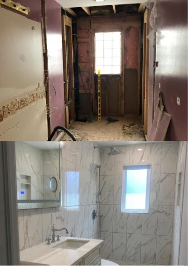 Before and after of a full bathroom gut renovation in Ontario. Before shows exposed studs, After shows new marble tile, vanity, and window.