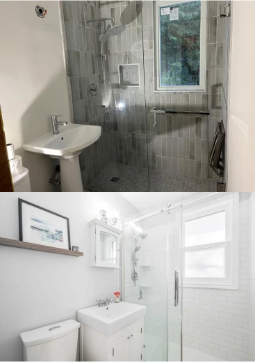 Before and after of a modern bathroom renovation in Ontario with gray porcelain tile, a new pedestal sink, and a frameless glass shower.